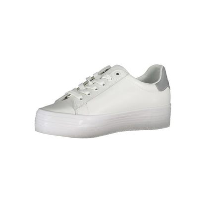 Calvin Klein White Polyester Sneaker with laces and logo, made from 100% recycled polyester, featuring contrasting details.