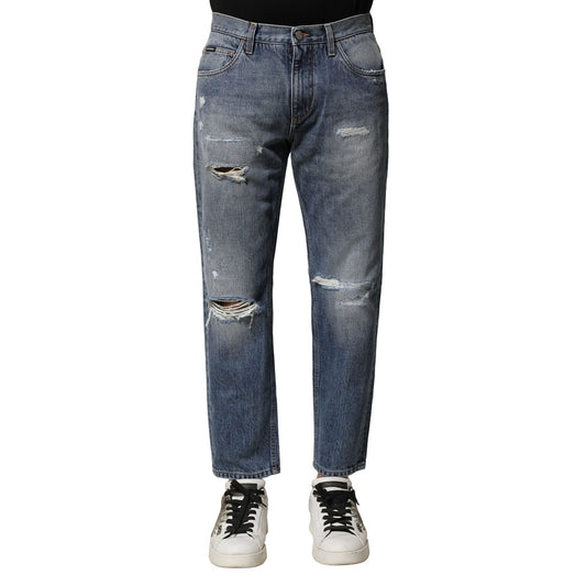 Dolce & Gabbana Blue Washed Tattered Straight Fit Denim Jeans