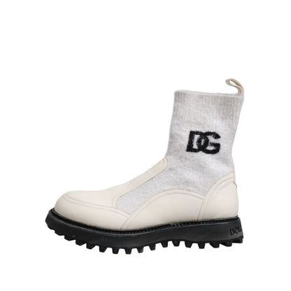 Dolce & Gabbana White Beige DG Logo Mid Calf Boots Shoes