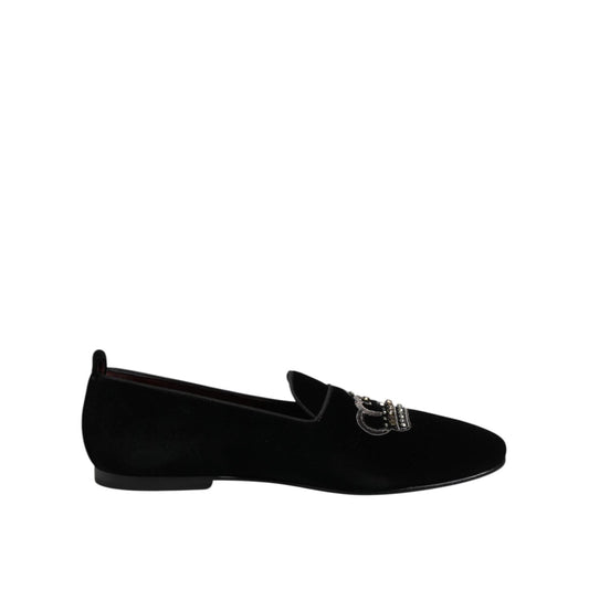 Dolce & Gabbana Black Velvet Crystal Crown Loafers Dress Shoes