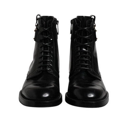 Dolce & Gabbana Black Leather Mid Calf Boots Lace Up Shoes