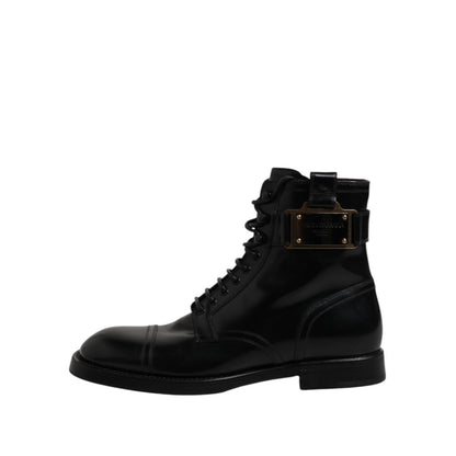Dolce & Gabbana Black Leather Mid Calf Boots Lace Up Shoes