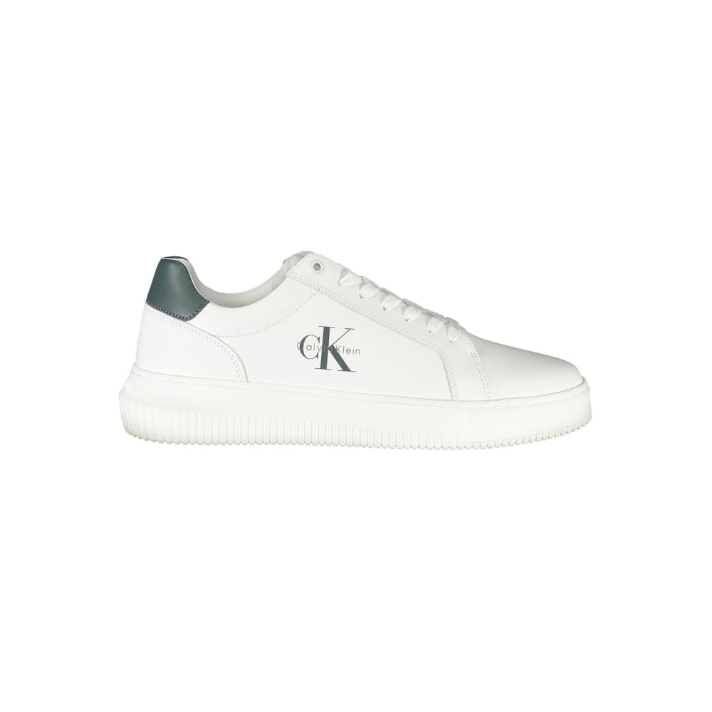 Calvin Klein White Leather Men Sneaker with green accent detail, featuring sleek design and logo print.