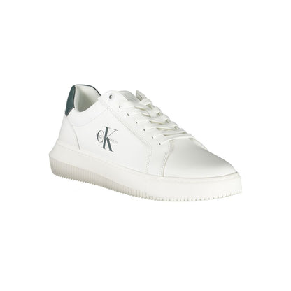 Calvin Klein White Leather Men Sneaker with green accents and logo, featuring polyester blend uppers and removable insoles for comfort