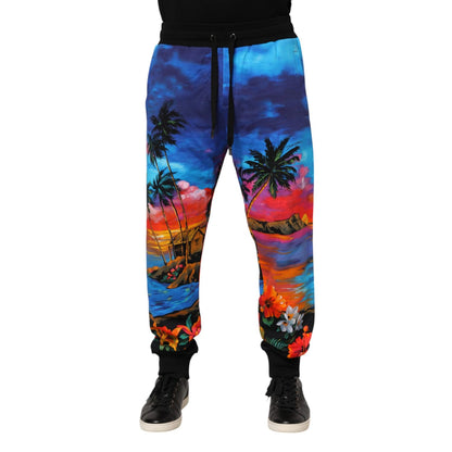 Dolce & Gabbana Blue Hawaiian Print Jogger Sweatpants Pants