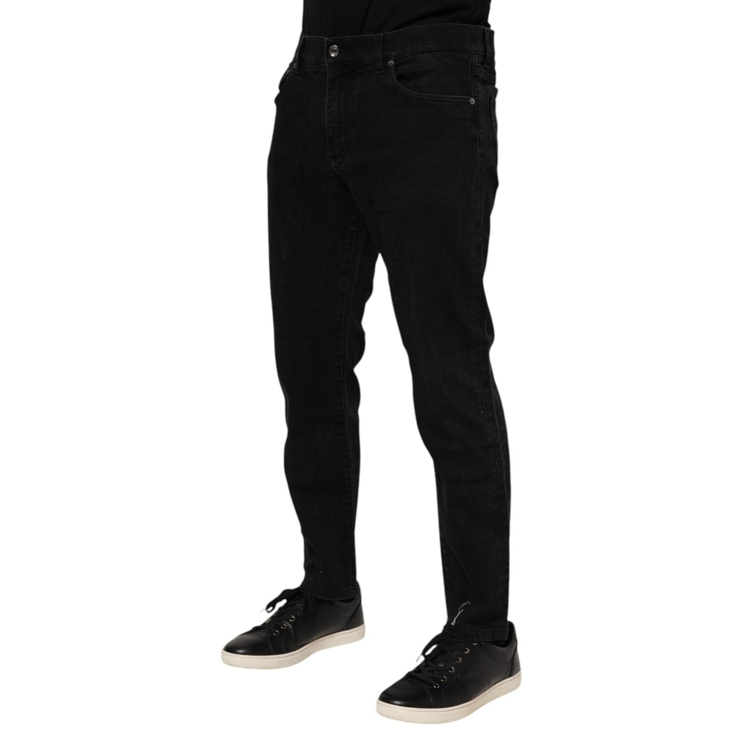 Dolce & Gabbana Black Cotton Logo Plaque Slim Fit Denim Jeans