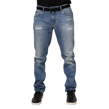 Dolce & Gabbana Blue Washed Tattered Logo Plaque Denim Jeans