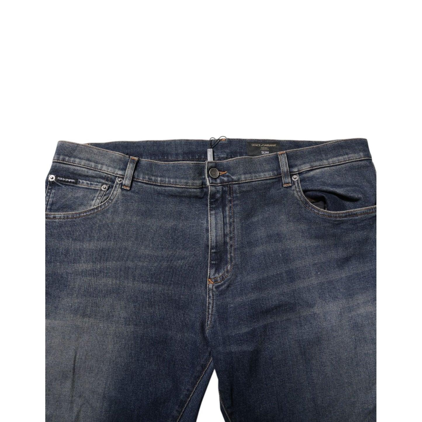 Dolce & Gabbana Blue Cotton Logo Plaque Slim Denim Jeans