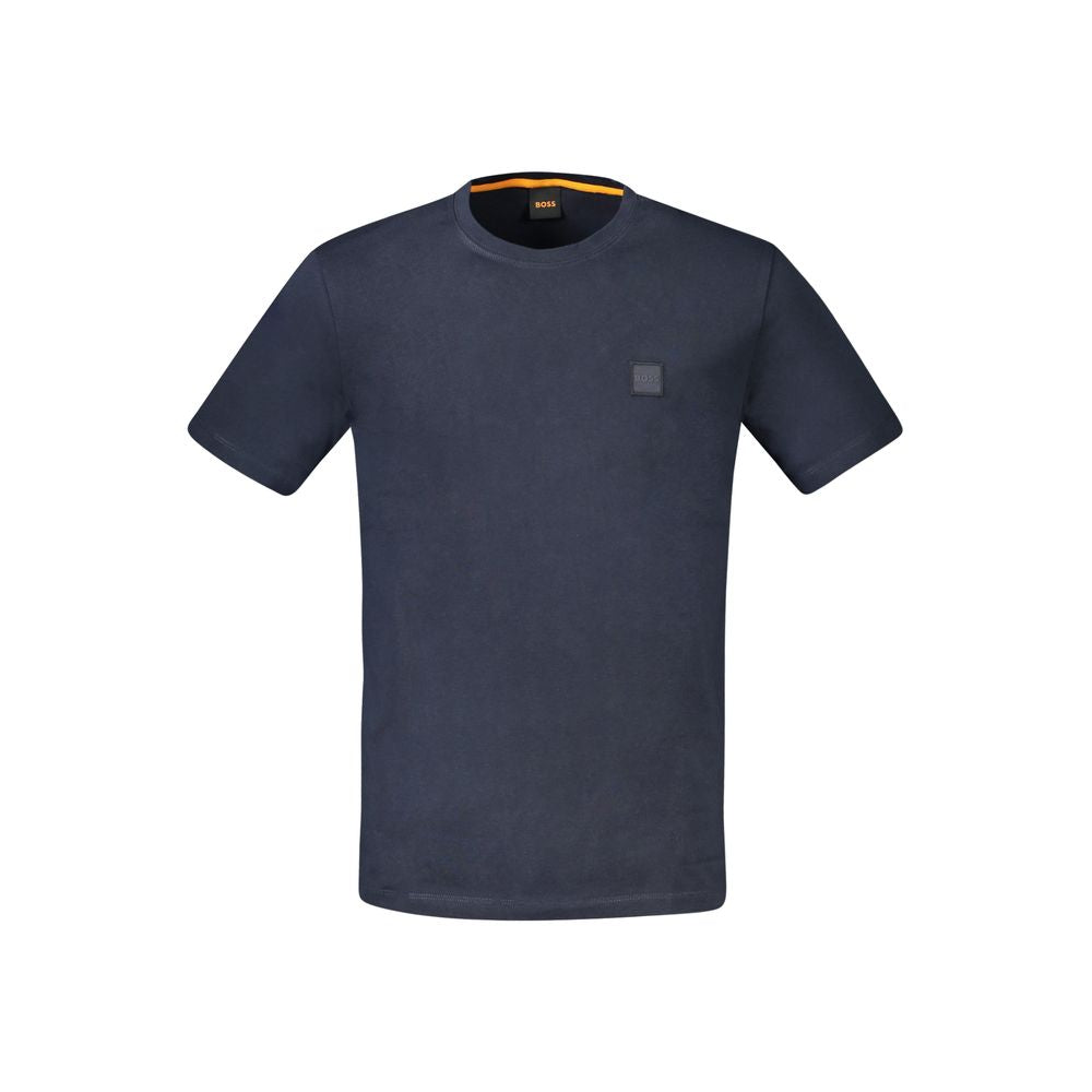 Hugo Boss Blue Cotton Men T-Shirt featuring crew neck and embroidered logo, crafted for casual luxury and comfort.