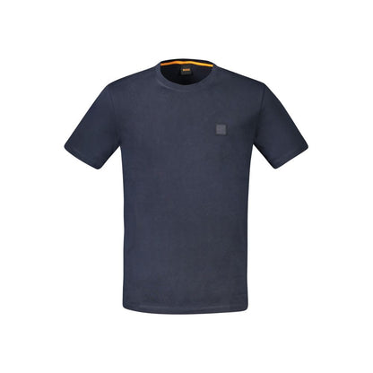 Hugo Boss Blue Cotton Men T-Shirt featuring crew neck and embroidered logo, crafted for casual luxury and comfort.