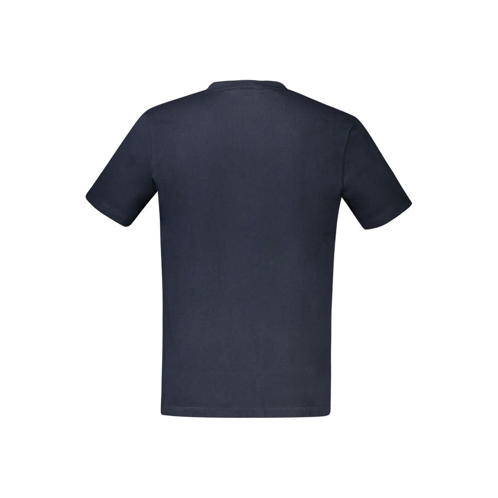 Back view of Hugo Boss Blue Cotton Men T-Shirt showcasing crew neck and short sleeves, crafted in Portugal for casual luxury.