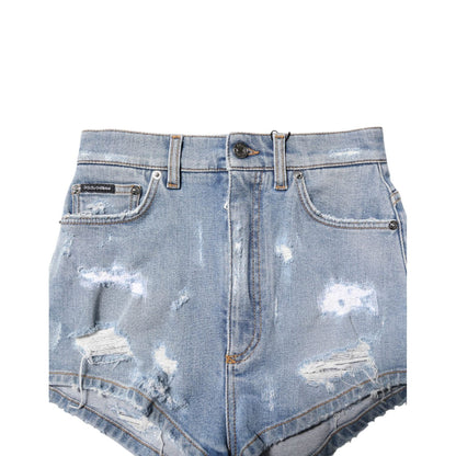Dolce & Gabbana Blue Tattered Denim Cotton Hot Pants Shorts