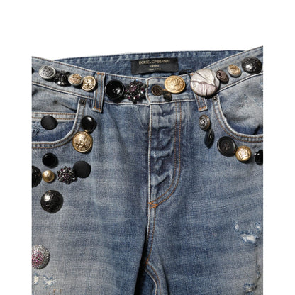 Dolce & Gabbana Blue Embellished Tattered SkinnyDenim Jeans