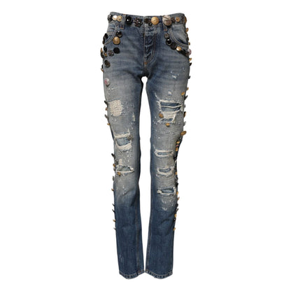 Dolce & Gabbana Blue Embellished Tattered SkinnyDenim Jeans