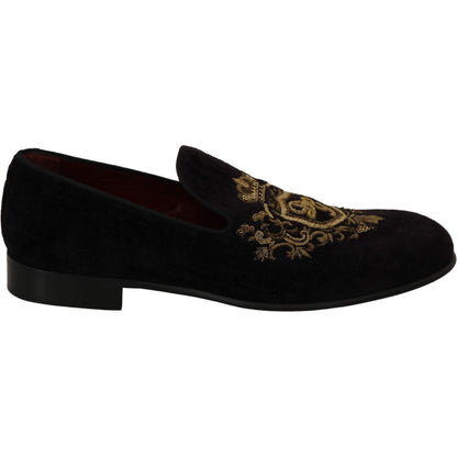 Dolce & Gabbana Loafers Black Velvet Gold Crown
