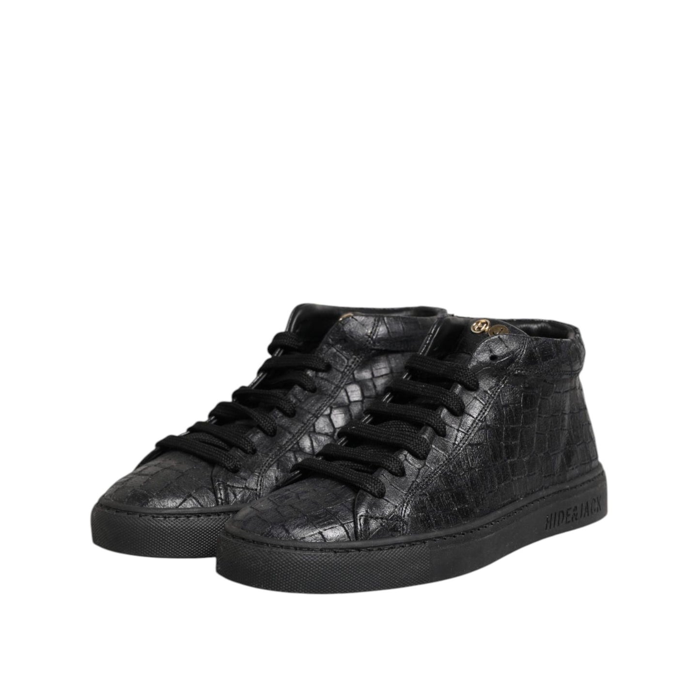 HIDE & JACK Black Leather Lace Up Mid Top Sneakers Shoes