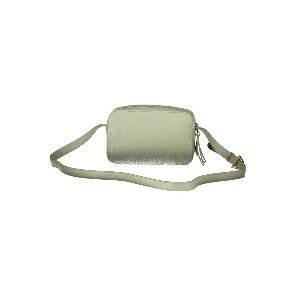 Coccinelle Green Leather Handbag with adjustable shoulder strap, two compartments, and zip closure displaying logo on front.