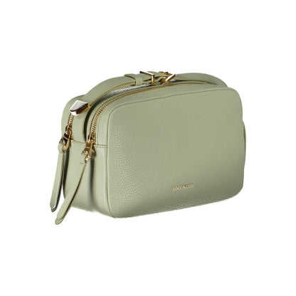 Coccinelle Green Leather Handbag with adjustable strap, two compartments, and zip closure, featuring elegant logo design.