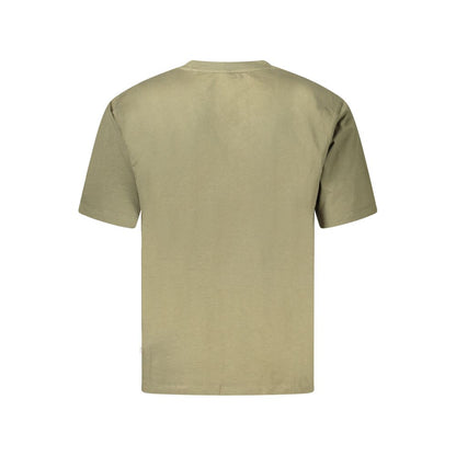 Back view of Guess Jeans Green Cotton T-Shirt, oversized short sleeve with crew neck, featuring a logo application, made from organic cotton.