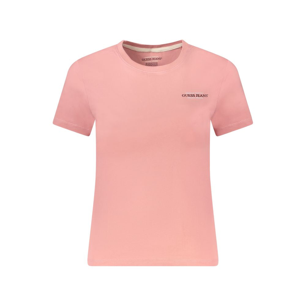 Guess Jeans Pink Cotton Women T-Shirt with logo, slim fit style, front view.