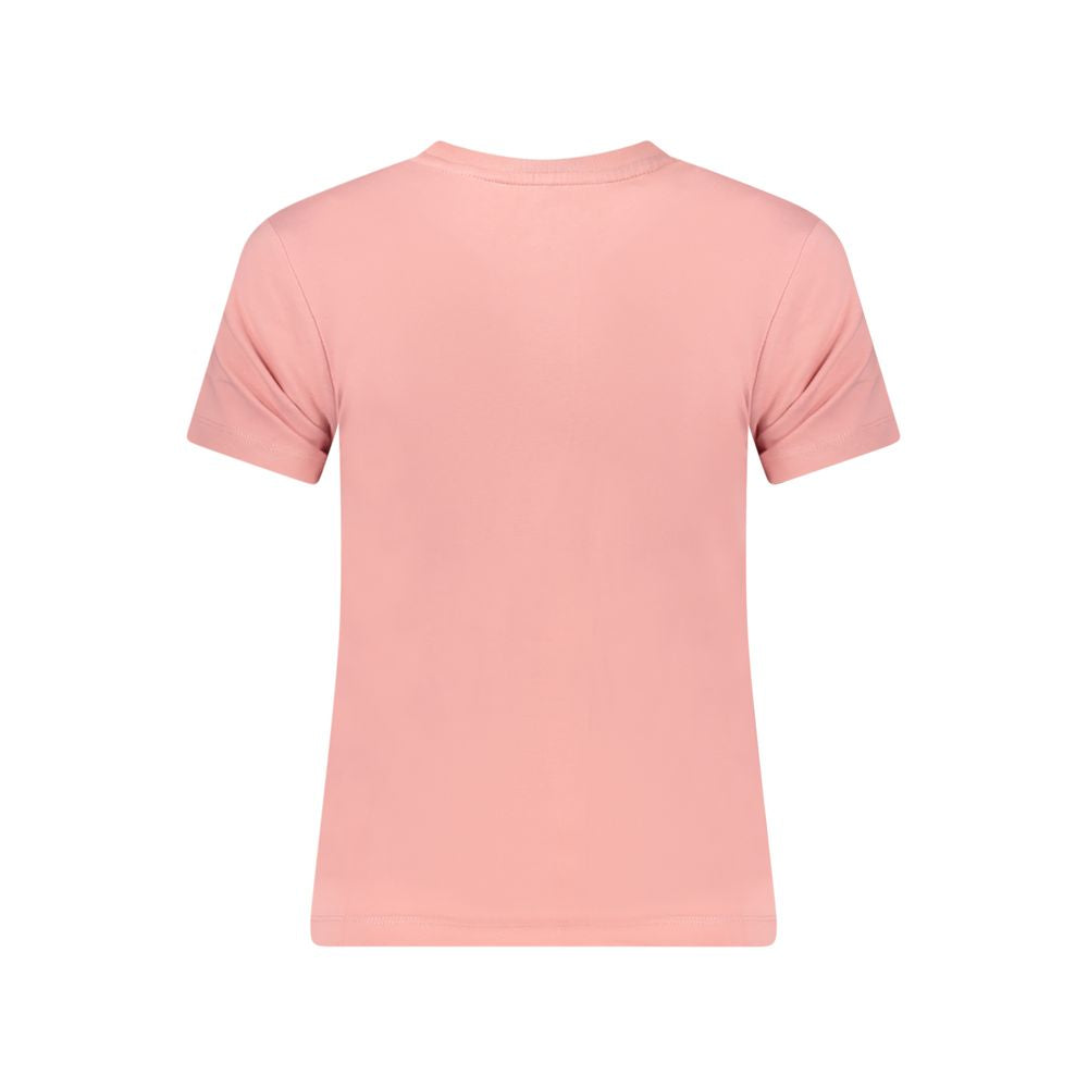 Back view of Guess Jeans Pink Cotton Women T-Shirt showcasing slim fit and vibrant pink color.