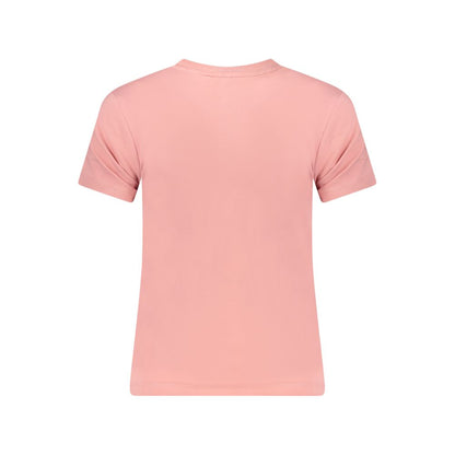 Back view of Guess Jeans Pink Cotton Women T-Shirt showcasing slim fit and vibrant pink color.