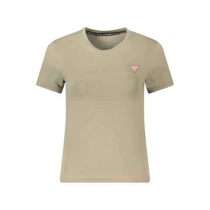 Guess Jeans Beige Cotton Women T-Shirt with logo, featuring wide neck, organic cotton blend for style and comfort.
