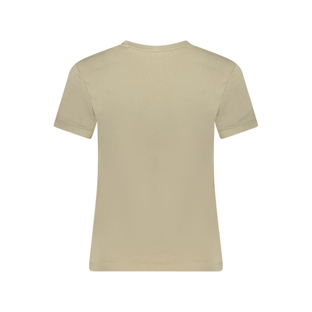Back view of Guess Jeans Beige Cotton Women T-Shirt featuring a simple design and short sleeves, perfect for casual wear.