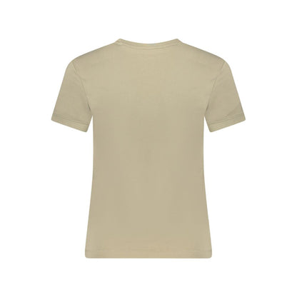 Back view of Guess Jeans Beige Cotton Women T-Shirt featuring a simple design and short sleeves, perfect for casual wear.