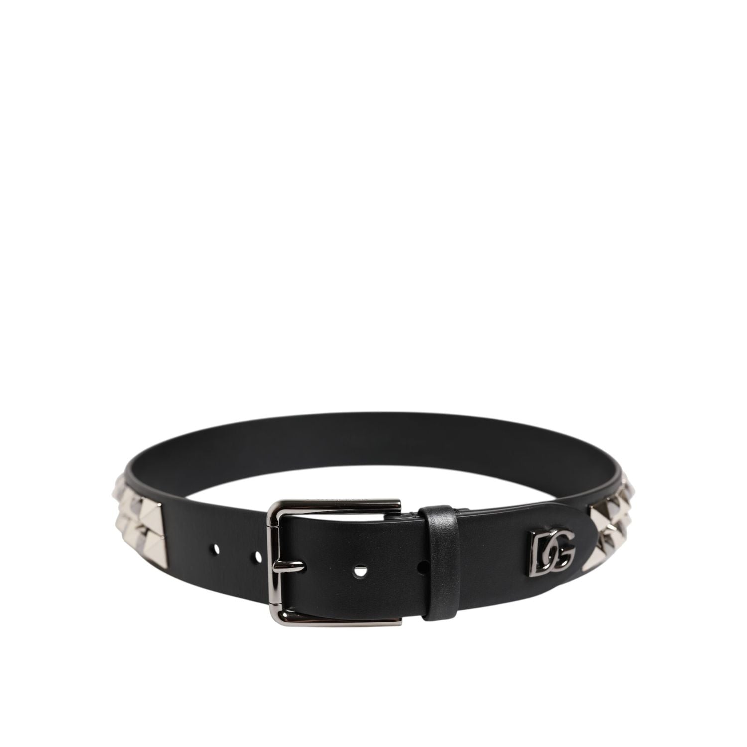 Dolce & Gabbana Black Leather Studded DG Metal Buckle Belt