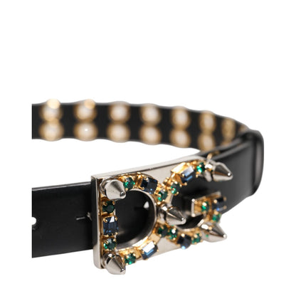 Dolce & Gabbana Black Leather Eyelet Crystal DG Buckle Belt