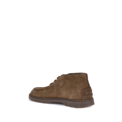 Back view of Tod's Brown Calf Leather Bos Taurus Lace-Up Boots showcasing suede finish and embossed logo.