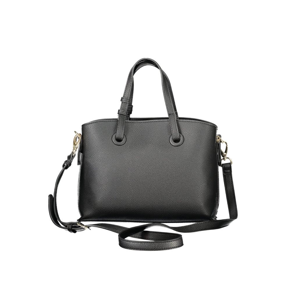 Mario Valentino Black Polyethylene Women Handbag with adjustable shoulder strap, dual handles, and expandable compartment design.
