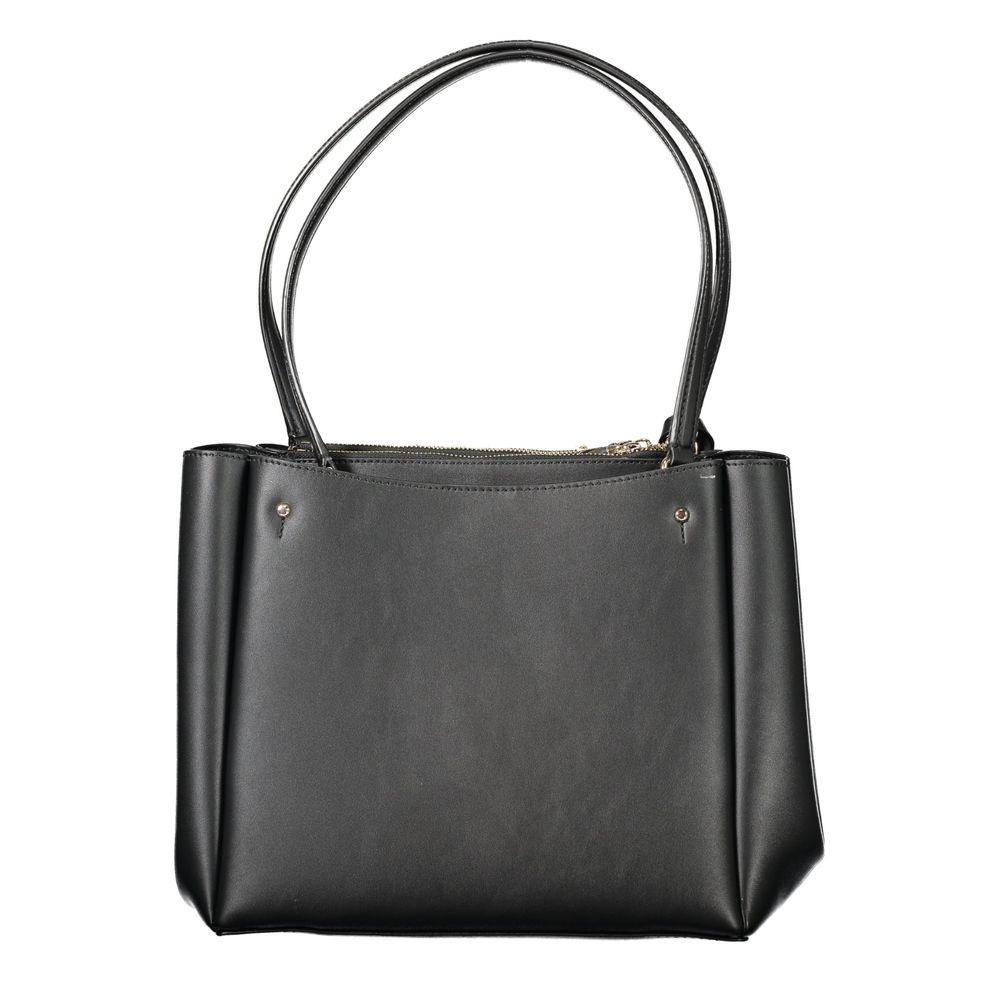 Guess Jeans Black Polyethylene Women Handbag with twin shoulder handles and zip compartments, front view.