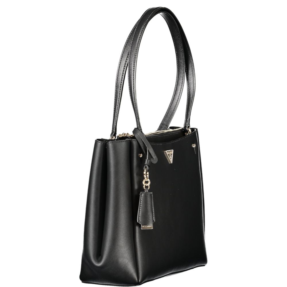 Guess Jeans Black Polyethylene Women Handbag with twin handles and sleek design, featuring a central snap-closure and protective feet.
