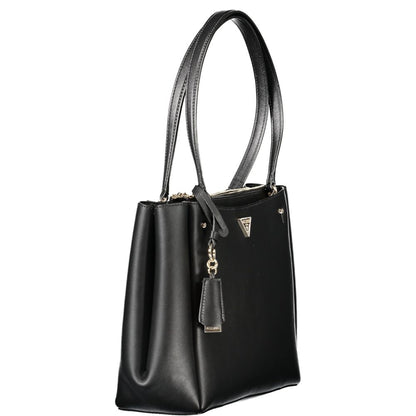Guess Jeans Black Polyethylene Women Handbag with twin handles and sleek design, featuring a central snap-closure and protective feet.