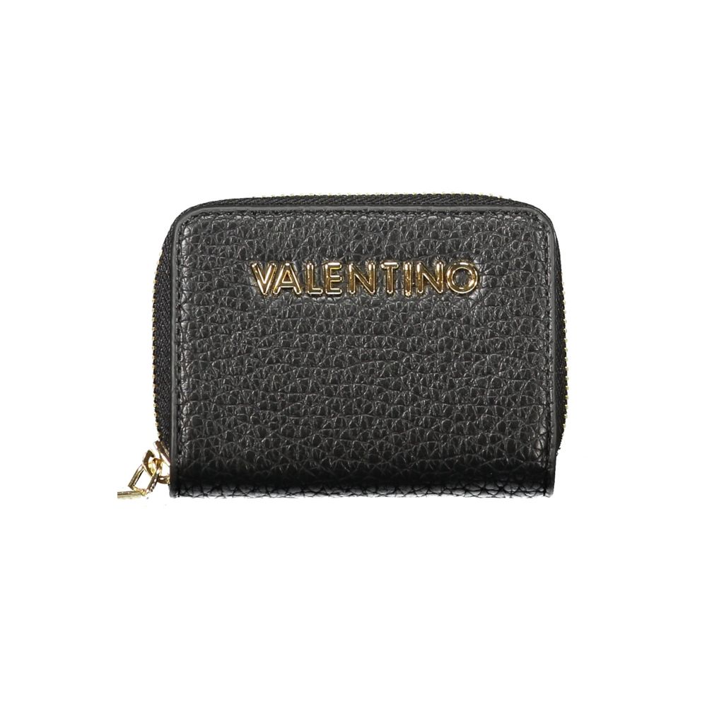 Mario Valentino Black Polyethylene Women Wallet with gold logo and zip closure, showcasing luxury and style.