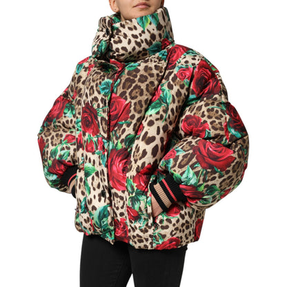 Dolce & Gabbana Multicolor Leopard Rose Puffer Quilted Jacket