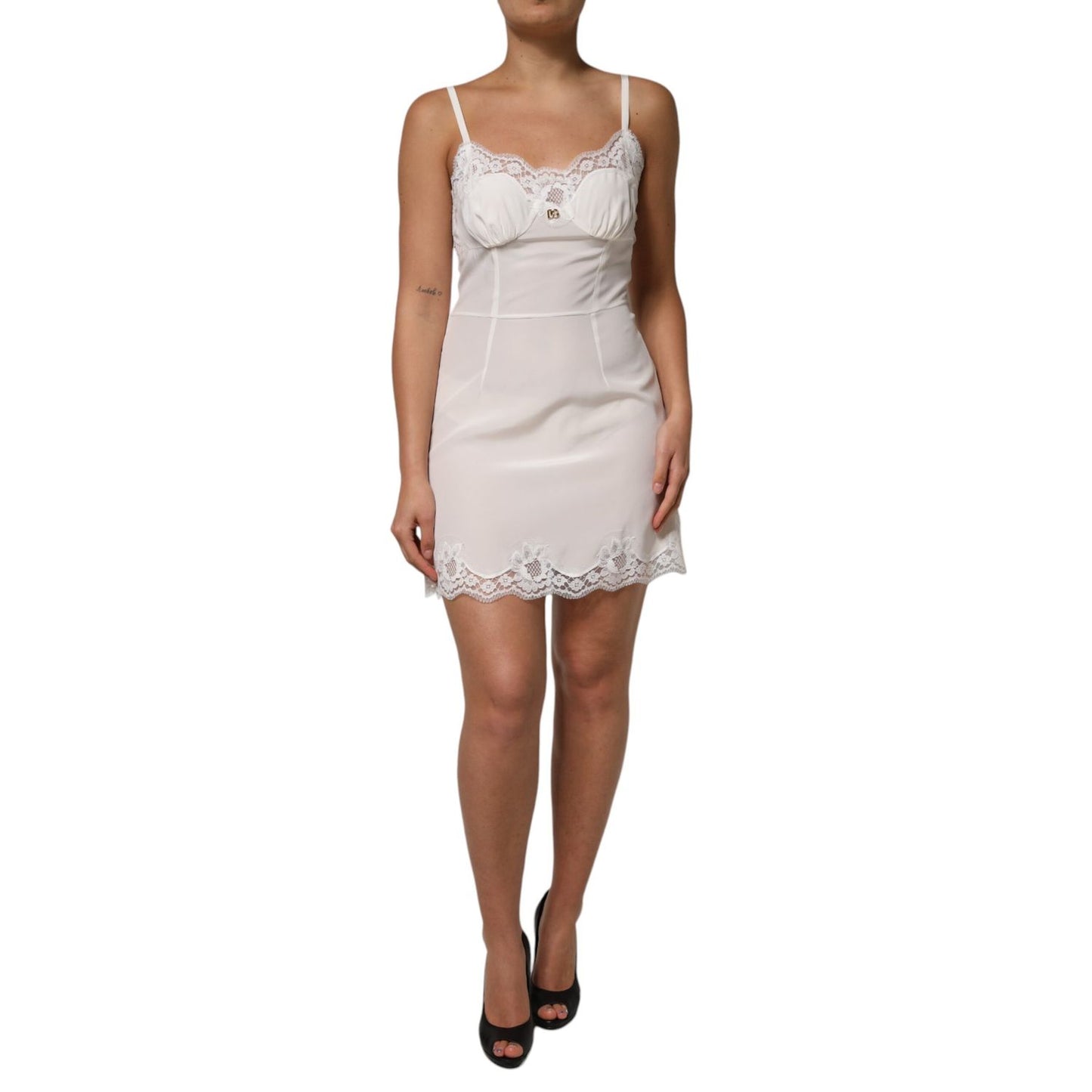 Dolce & Gabbana White Lace DG Logo Silk Dress Sleepwear