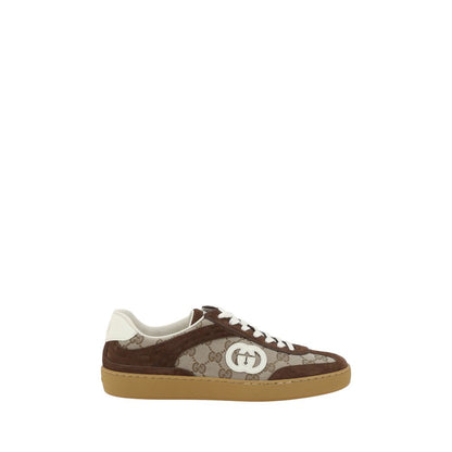 Gucci Brown Calf Leather Bos Taurus Low Top Sneakers with suede details, GG logo print, and flat sole for comfortable wear.