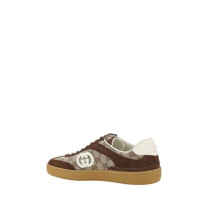 Gucci Brown Calf Leather Bos Taurus Low Top Sneakers with GG fabric, suede details, and lace-up design for comfort and style.