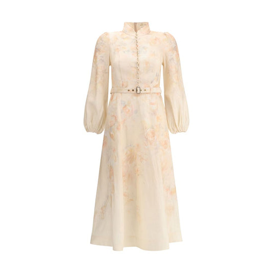 Zimmermann Multicolor Linen Casual Dress with floral design, pearl buttons, adjustable belt, and mandarin collar for elegant styling.