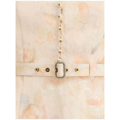 Zimmermann Multicolor Linen Casual Dress with pearl buttons and adjustable belt accentuating the floral design and feminine silhouette.