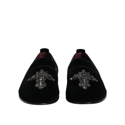 Dolce & Gabbana Black Velvet Embellished Loafer Slip On Shoes