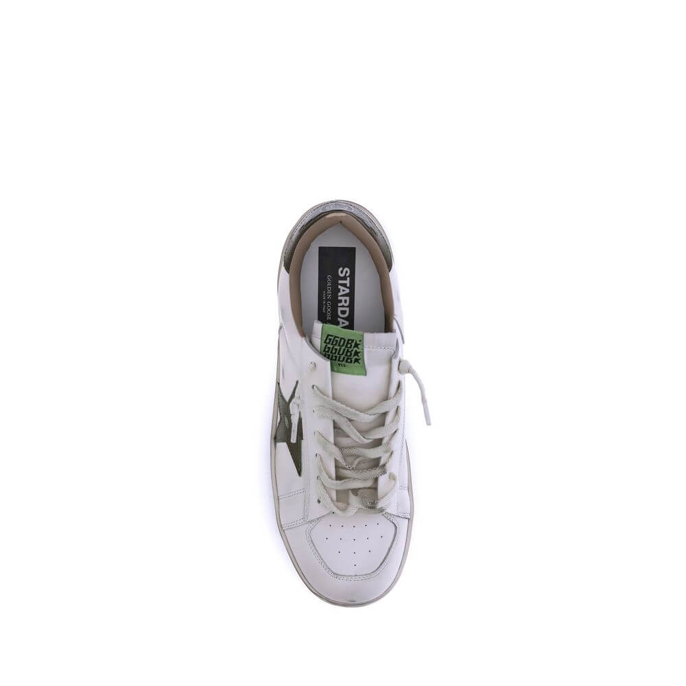 Golden Goose White Calf Leather Bos Taurus Low Top Sneakers with suede details and iconic patch star viewed from top.