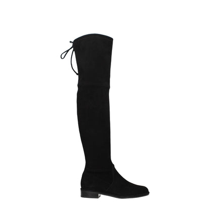 Stuart Weitzman Black Leather Over The Knee boots with suede material, self-tie closures, and low flat heel, side view image.