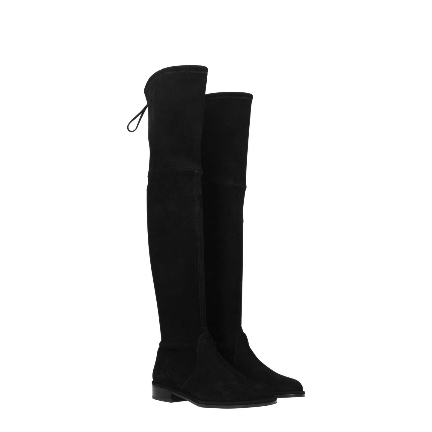 Stuart Weitzman Black Leather Over The Knee boots, casual style with self-tie closures, suede material, rubber sole, round toe, low heel.