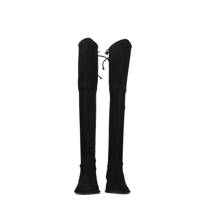 Stuart Weitzman Black Leather Over The Knee boots with self-tie closures, low flat heel, and round toe design in suede black.