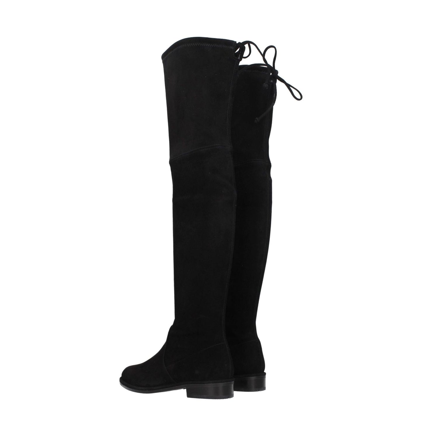 Stuart Weitzman Black Leather Over The Knee boots, suede with rubber sole, round toe, low flat heel, casual style, self-tie closure.