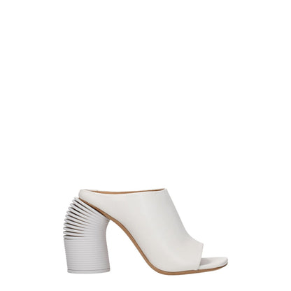 Off-White White Leather Platform Sandals with high heel, open toe, and unique ribbed heel design.